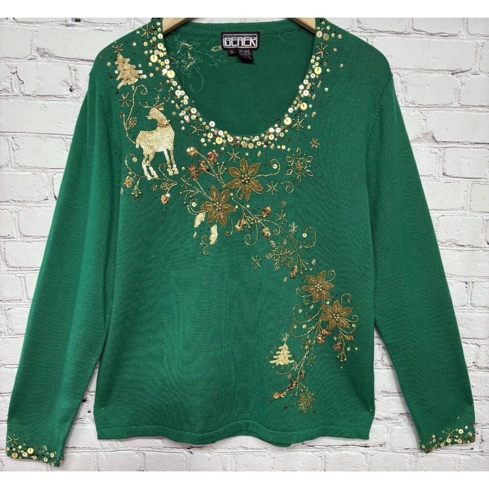 Vtg Berek Green Gold Sequin Beaded Embellished Holiday Pullover Sweater Sz XL